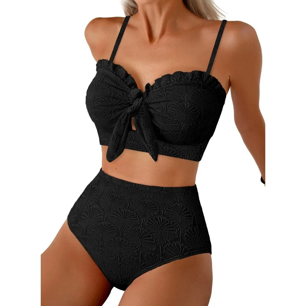 Herseas Women's Black Seashell Textured Bikini Sets Knotted Front High XS
